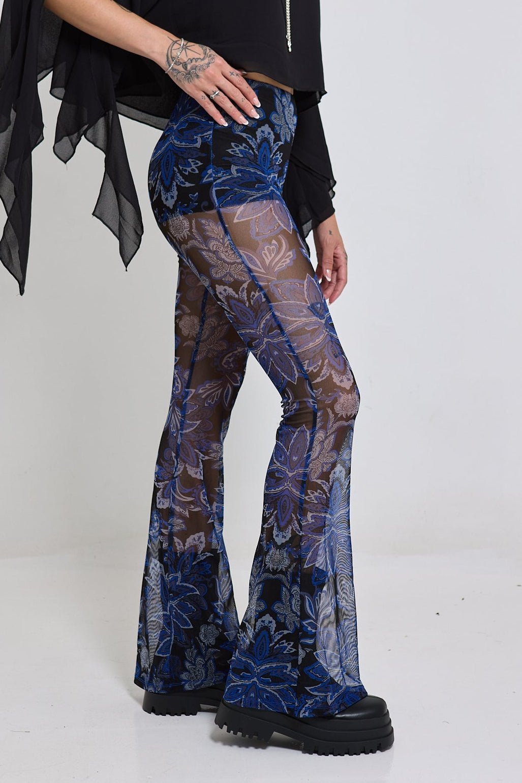 Paisley Print Sheer Flared Mesh Pants