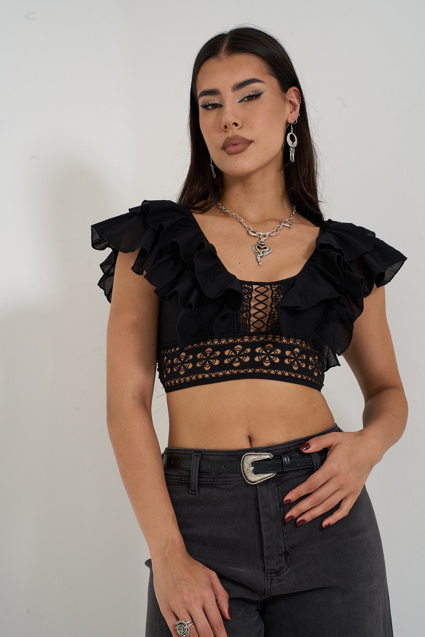 Ruffle Black Crop Top