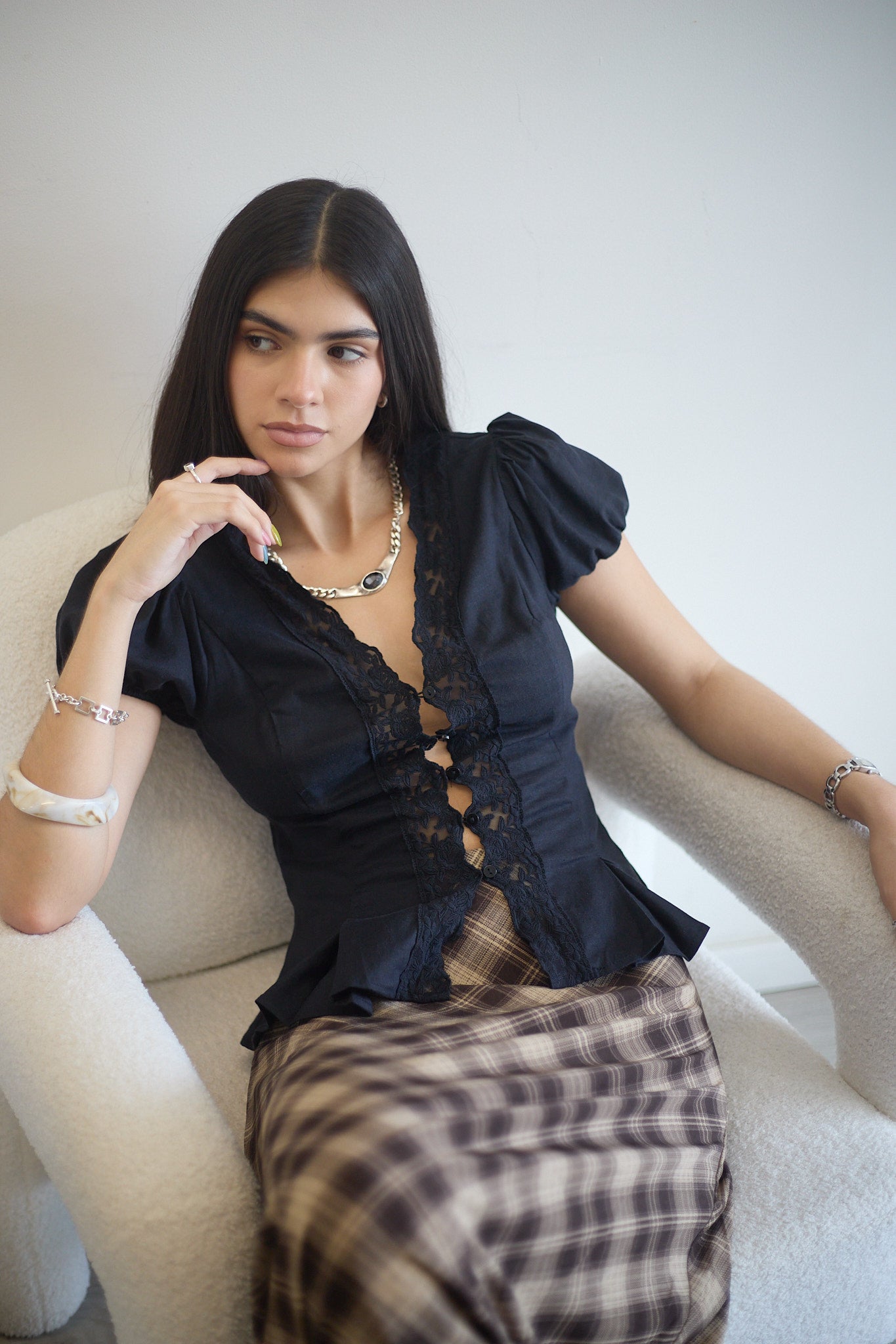 Lace Neckline Puff Sleeve Blouse