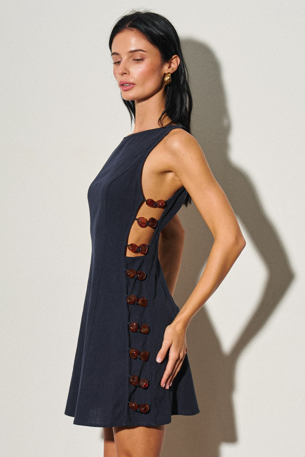Linen Beaded Detail Mini Dress