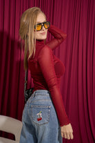 Stand Collar Sheer Mesh Top