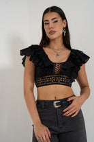 Ruffle Black Crop Top