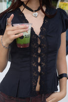 Lace Neckline Puff Sleeve Blouse