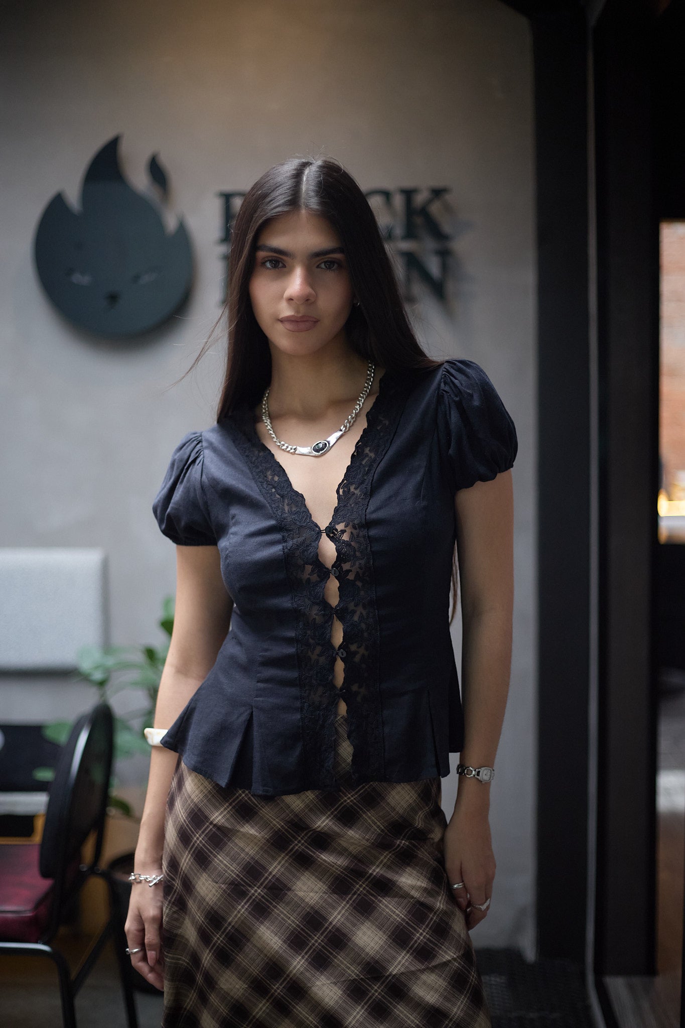 Lace Neckline Puff Sleeve Blouse