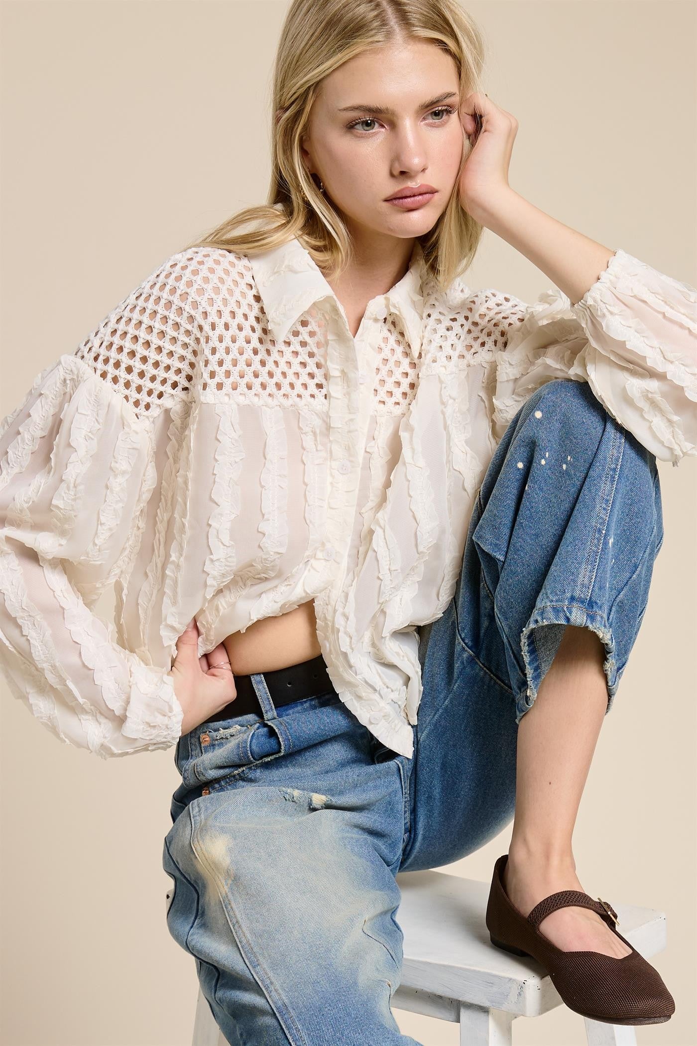 Crochet Detail Ruffle Blouse